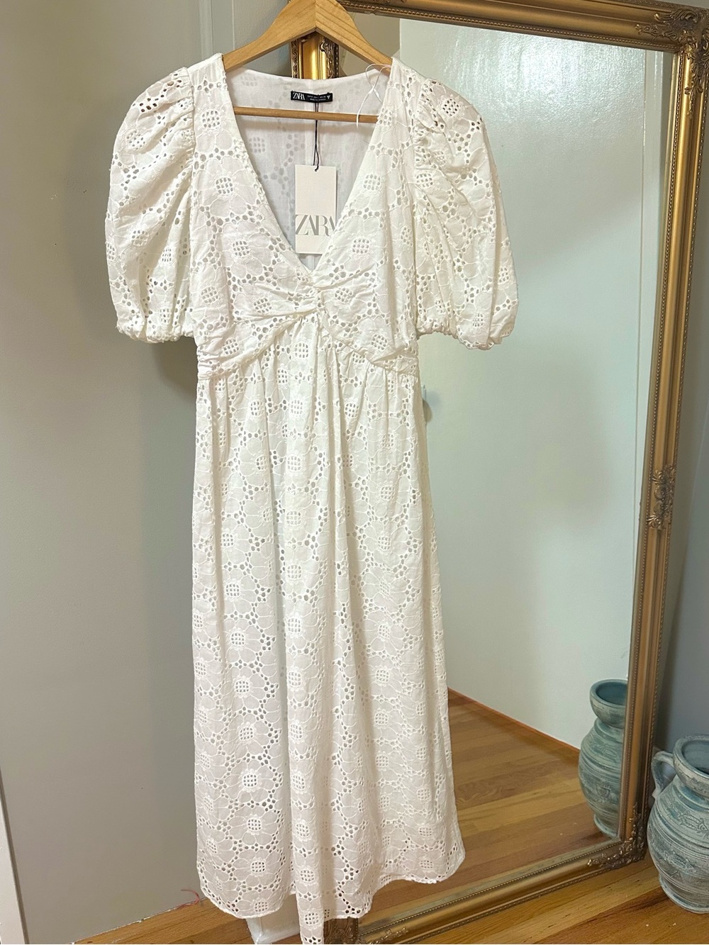 Zara White Eyelet Midi Dress with Puff Sleeves and V-Neck